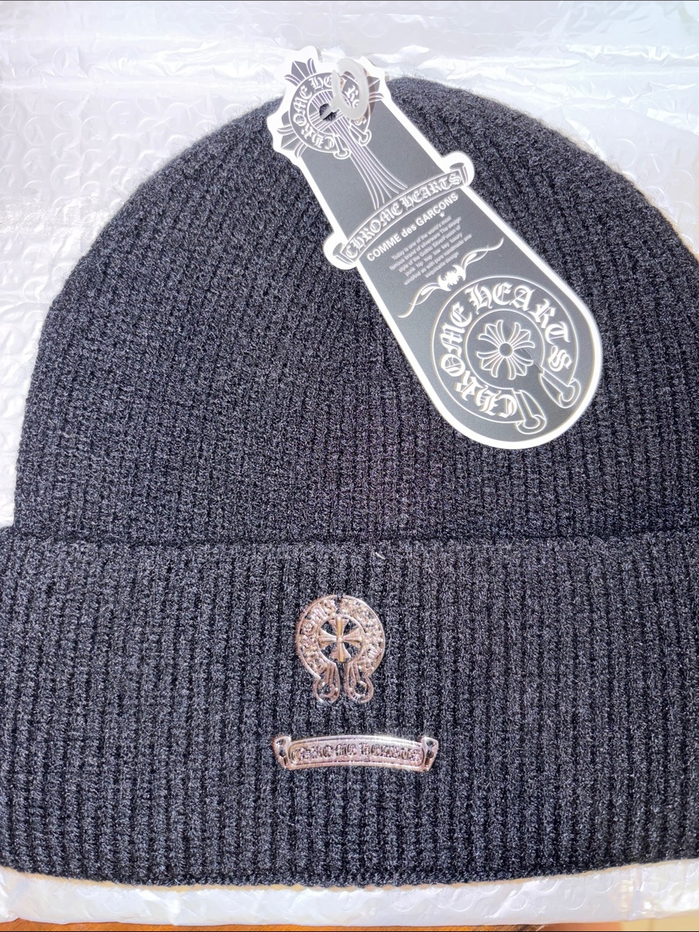 Chrome Hearts Black Ribbed Knit Beanie with Silver Metal Crest